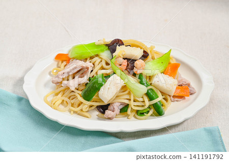 Authentic salt-fried noodles with squid and shrimp Authentic salt-fried noodles with squid and shrimp 141191792