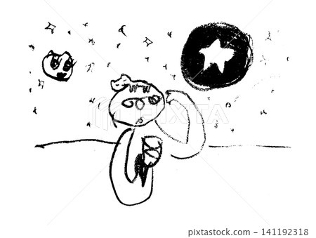 A simple monochrome line drawing of a person holding a glass under a starry sky, with a cat on their head. A simple monochrome line drawing of a person holding a glass under a starry sky, with a cat on their head. 141192318