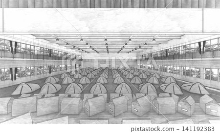 圖中展示了體育館內整齊排列的疏散帳篷,作為臨時避難場所。這是災害預防與應變的三維示意圖。 圖中展示了體育館內整齊排列的疏散帳篷,作為臨時避難場所。這是災害預防與應變的三維示意圖。 141192383