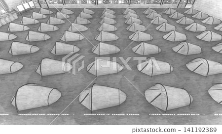 Image of evacuation tents neatly lined up in a gymnasium evacuation shelter. Disaster prevention and response 3D illustration. Image of evacuation tents neatly lined up in a gymnasium evacuation shelter. Disaster prevention and response 3D illustration. 141192389