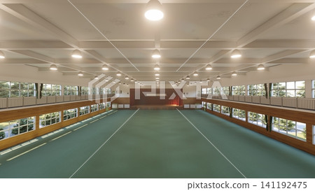 A 3D illustration of a school gymnasium before it was set up as an evacuation center, showcasing its large indoor space and serving as a disaster prevention and response measure. A 3D illustration of a school gymnasium before it was set up as an evacuation center, showcasing its large indoor space and serving as a disaster prevention and response measure. 141192475