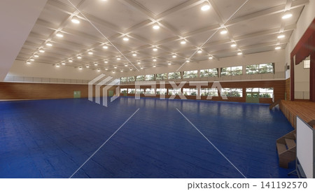 這是學校體育館在被改造成疏散中心之前的三維示意圖,展示了其寬敞的室內空間,並作為防災減災措施發揮作用。 這是學校體育館在被改造成疏散中心之前的三維示意圖,展示了其寬敞的室內空間,並作為防災減災措施發揮作用。 141192570