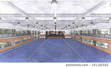 這是學校體育館在被改造成疏散中心之前的三維示意圖,展示了其寬敞的室內空間,並作為防災減災措施發揮作用。 這是學校體育館在被改造成疏散中心之前的三維示意圖,展示了其寬敞的室內空間,並作為防災減災措施發揮作用。 141192582