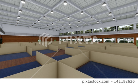 體育館疏散避難所內安裝的紙板隔間。 （災害預防和應對措施的三維示意圖） 141192626