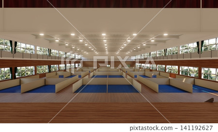 體育館疏散避難所內安裝的紙板隔間。 （災害預防和應對措施的三維示意圖） 141192627