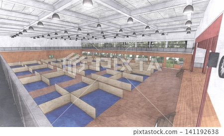 體育館疏散避難所內安裝的紙板隔間。 (災害預防和應對措施的三維示意圖) 體育館疏散避難所內安裝的紙板隔間。 (災害預防和應對措施的三維示意圖) 141192638