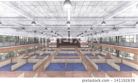 體育館疏散避難所內安裝的紙板隔間。 (災害預防和應對措施的三維示意圖) 體育館疏散避難所內安裝的紙板隔間。 (災害預防和應對措施的三維示意圖) 141192639
