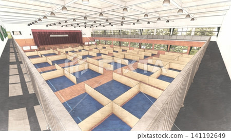 體育館疏散避難所內安裝的紙板隔間。 (災害預防和應對措施的三維示意圖) 體育館疏散避難所內安裝的紙板隔間。 (災害預防和應對措施的三維示意圖) 141192649