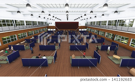體育館疏散避難所內安裝的紙板隔間;防災/災害應變圖像;包含人物的 3D 插圖。 體育館疏散避難所內安裝的紙板隔間;防災/災害應變圖像;包含人物的 3D 插圖。 141192683
