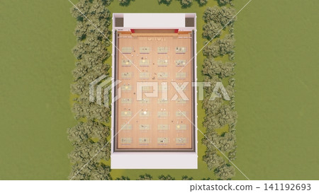 體育館疏散避難所內安裝的紙板隔間；防災/災害應變圖像；包含人物的 3D 插圖。 141192693