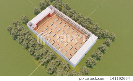 Cardboard partitions installed in a gymnasium evacuation shelter; disaster prevention/disaster response image; 3D illustration with people. Cardboard partitions installed in a gymnasium evacuation shelter; disaster prevention/disaster response image; 3D illustration with people. 141192694