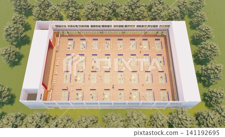 體育館疏散避難所內安裝的紙板隔間;防災/災害應變圖像;包含人物的 3D 插圖。 體育館疏散避難所內安裝的紙板隔間;防災/災害應變圖像;包含人物的 3D 插圖。 141192695