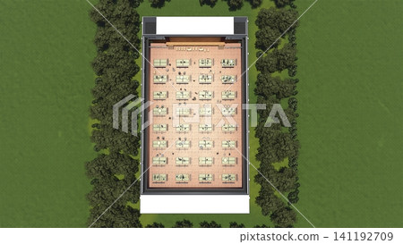 體育館疏散避難所內安裝的紙板隔間;防災/災害應變圖像;包含人物的 3D 插圖。 體育館疏散避難所內安裝的紙板隔間;防災/災害應變圖像;包含人物的 3D 插圖。 141192709