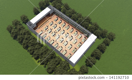 體育館疏散避難所內安裝的紙板隔間；防災/災害應變圖像；包含人物的 3D 插圖。 141192710