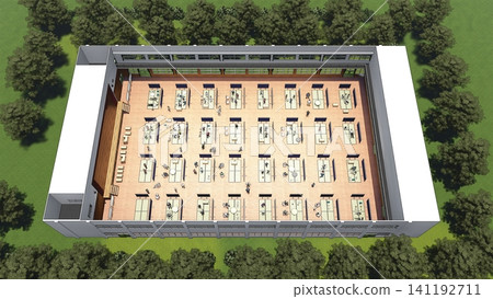 體育館疏散避難所內安裝的紙板隔間;防災/災害應變圖像;包含人物的 3D 插圖。 體育館疏散避難所內安裝的紙板隔間;防災/災害應變圖像;包含人物的 3D 插圖。 141192711