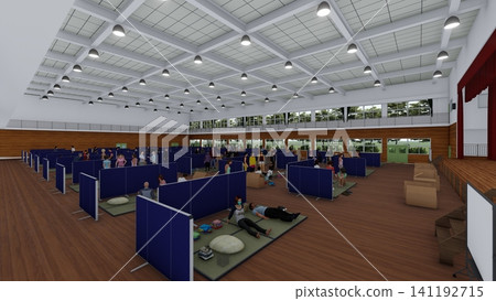 體育館疏散避難所內安裝的紙板隔間;防災/災害應變圖像;包含人物的 3D 插圖。 體育館疏散避難所內安裝的紙板隔間;防災/災害應變圖像;包含人物的 3D 插圖。 141192715