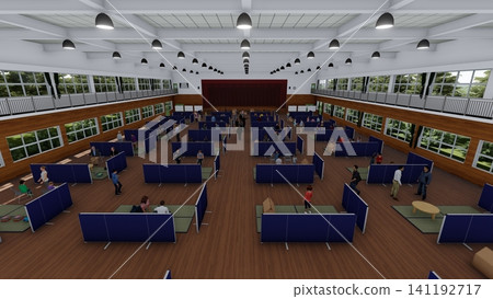 Cardboard partitions installed in a gymnasium evacuation shelter; disaster prevention/disaster response image; 3D illustration with people. Cardboard partitions installed in a gymnasium evacuation shelter; disaster prevention/disaster response image; 3D illustration with people. 141192717