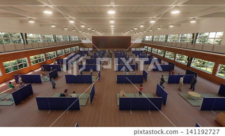體育館疏散避難所內安裝的紙板隔間;防災/災害應變圖像;包含人物的 3D 插圖。 體育館疏散避難所內安裝的紙板隔間;防災/災害應變圖像;包含人物的 3D 插圖。 141192727