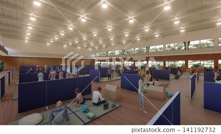 Cardboard partitions installed in a gymnasium evacuation shelter; disaster prevention/disaster response image; 3D illustration with people. 141192732