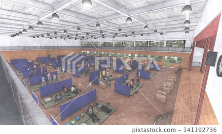 體育館疏散避難所內安裝的紙板隔間;防災/災害應變圖像;包含人物的 3D 插圖。 體育館疏散避難所內安裝的紙板隔間;防災/災害應變圖像;包含人物的 3D 插圖。 141192736