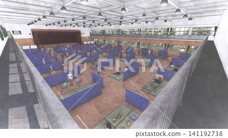 體育館疏散避難所內安裝的紙板隔間；防災/災害應變圖像；包含人物的 3D 插圖。 141192738