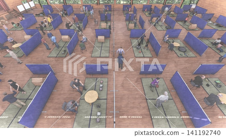 體育館疏散避難所內安裝的紙板隔間;防災/災害應變圖像;包含人物的 3D 插圖。 體育館疏散避難所內安裝的紙板隔間;防災/災害應變圖像;包含人物的 3D 插圖。 141192740