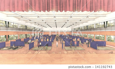 Cardboard partitions installed in a gymnasium evacuation shelter; disaster prevention/disaster response image; 3D illustration with people. Cardboard partitions installed in a gymnasium evacuation shelter; disaster prevention/disaster response image; 3D illustration with people. 141192743