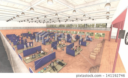 體育館疏散避難所內安裝的紙板隔間;防災/災害應變圖像;包含人物的 3D 插圖。 體育館疏散避難所內安裝的紙板隔間;防災/災害應變圖像;包含人物的 3D 插圖。 141192746