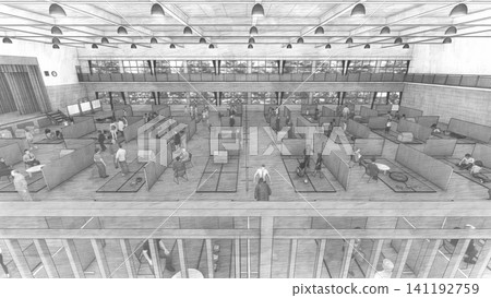 Cardboard partitions installed in a gymnasium evacuation shelter; disaster prevention/disaster response image; 3D illustration with people. Cardboard partitions installed in a gymnasium evacuation shelter; disaster prevention/disaster response image; 3D illustration with people. 141192759