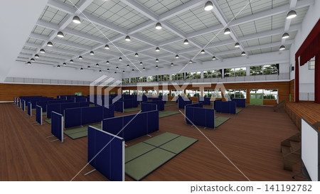 體育館疏散避難所內安裝的紙板隔間;防災/災害應變圖像;包含人物的 3D 插圖。 體育館疏散避難所內安裝的紙板隔間;防災/災害應變圖像;包含人物的 3D 插圖。 141192782