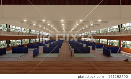 體育館疏散避難所內安裝的紙板隔間;防災/災害應變圖像;包含人物的 3D 插圖。 體育館疏散避難所內安裝的紙板隔間;防災/災害應變圖像;包含人物的 3D 插圖。 141192790