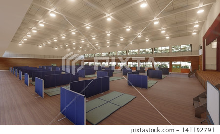 體育館疏散避難所內安裝的紙板隔間;防災/災害應變圖像;包含人物的 3D 插圖。 體育館疏散避難所內安裝的紙板隔間;防災/災害應變圖像;包含人物的 3D 插圖。 141192791
