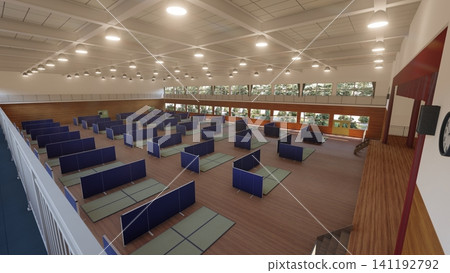 體育館疏散避難所內安裝的紙板隔間;防災/災害應變圖像;包含人物的 3D 插圖。 體育館疏散避難所內安裝的紙板隔間;防災/災害應變圖像;包含人物的 3D 插圖。 141192792