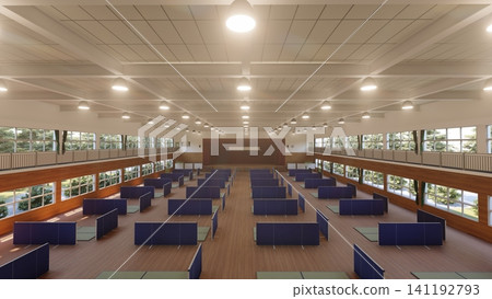體育館疏散避難所內安裝的紙板隔間;防災/災害應變圖像;包含人物的 3D 插圖。 體育館疏散避難所內安裝的紙板隔間;防災/災害應變圖像;包含人物的 3D 插圖。 141192793