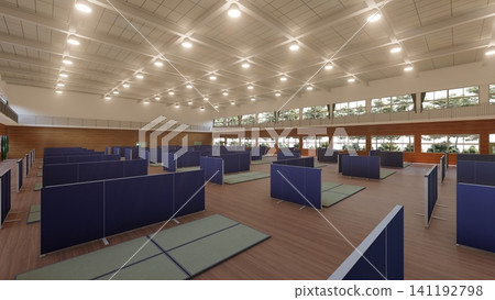 體育館疏散避難所內安裝的紙板隔間;防災/災害應變圖像;包含人物的 3D 插圖。 體育館疏散避難所內安裝的紙板隔間;防災/災害應變圖像;包含人物的 3D 插圖。 141192798