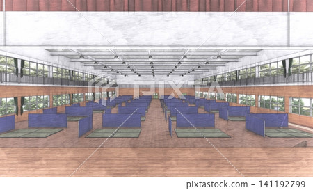 體育館疏散避難所內安裝的紙板隔間;防災/災害應變圖像;包含人物的 3D 插圖。 體育館疏散避難所內安裝的紙板隔間;防災/災害應變圖像;包含人物的 3D 插圖。 141192799
