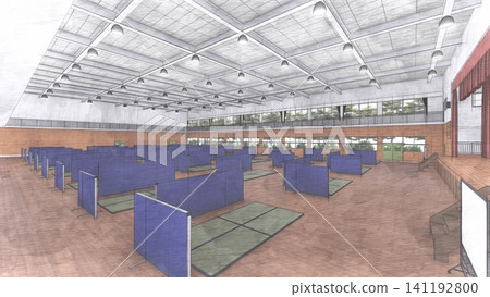 體育館疏散避難所內安裝的紙板隔間;防災/災害應變圖像;包含人物的 3D 插圖。 體育館疏散避難所內安裝的紙板隔間;防災/災害應變圖像;包含人物的 3D 插圖。 141192800