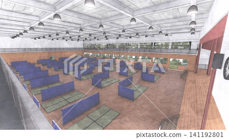 體育館疏散避難所內安裝的紙板隔間;防災/災害應變圖像;包含人物的 3D 插圖。 體育館疏散避難所內安裝的紙板隔間;防災/災害應變圖像;包含人物的 3D 插圖。 141192801