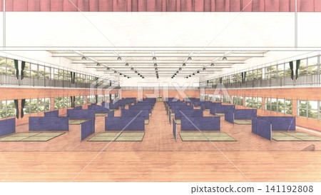 體育館疏散避難所內安裝的紙板隔間;防災/災害應變圖像;包含人物的 3D 插圖。 體育館疏散避難所內安裝的紙板隔間;防災/災害應變圖像;包含人物的 3D 插圖。 141192808
