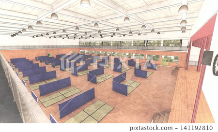 體育館疏散避難所內安裝的紙板隔間;防災/災害應變圖像;包含人物的 3D 插圖。 體育館疏散避難所內安裝的紙板隔間;防災/災害應變圖像;包含人物的 3D 插圖。 141192810