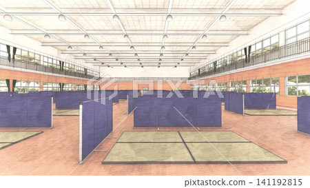 體育館疏散避難所內安裝的紙板隔間;防災/災害應變圖像;包含人物的 3D 插圖。 體育館疏散避難所內安裝的紙板隔間;防災/災害應變圖像;包含人物的 3D 插圖。 141192815