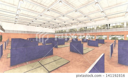Cardboard partitions installed in a gymnasium evacuation shelter; disaster prevention/disaster response image; 3D illustration with people. Cardboard partitions installed in a gymnasium evacuation shelter; disaster prevention/disaster response image; 3D illustration with people. 141192816
