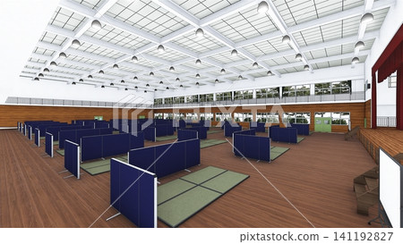 體育館疏散避難所內安裝的紙板隔間;防災/災害應變圖像;包含人物的 3D 插圖。 體育館疏散避難所內安裝的紙板隔間;防災/災害應變圖像;包含人物的 3D 插圖。 141192827