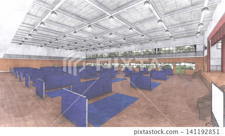 體育館疏散避難所內安裝的隔間;防災/災害應變圖像;包含人物的 3D 插圖。 體育館疏散避難所內安裝的隔間;防災/災害應變圖像;包含人物的 3D 插圖。 141192851