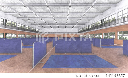體育館疏散避難所內安裝的隔間;防災/災害應變圖像;包含人物的 3D 插圖。 體育館疏散避難所內安裝的隔間;防災/災害應變圖像;包含人物的 3D 插圖。 141192857
