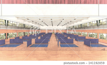 Partitions installed in a gymnasium evacuation shelter; disaster prevention/disaster response image; 3D illustration with people. Partitions installed in a gymnasium evacuation shelter; disaster prevention/disaster response image; 3D illustration with people. 141192859