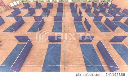 體育館疏散避難所內安裝的隔間;防災/災害應變圖像;包含人物的 3D 插圖。 體育館疏散避難所內安裝的隔間;防災/災害應變圖像;包含人物的 3D 插圖。 141192866