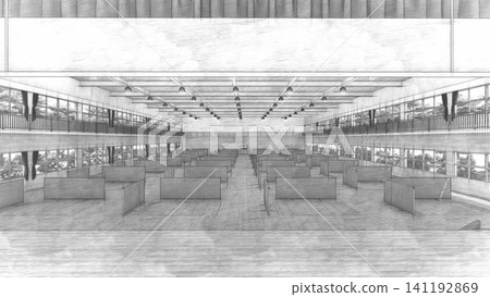Partitions installed in a gymnasium evacuation shelter; disaster prevention/disaster response image; 3D illustration with people. Partitions installed in a gymnasium evacuation shelter; disaster prevention/disaster response image; 3D illustration with people. 141192869