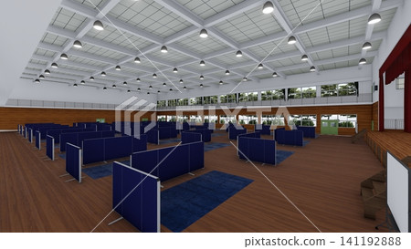 體育館疏散避難所內安裝的隔間;防災/災害應變圖像;包含人物的 3D 插圖。 體育館疏散避難所內安裝的隔間;防災/災害應變圖像;包含人物的 3D 插圖。 141192888