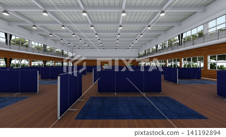 體育館疏散避難所內安裝的隔間;防災/災害應變圖像;包含人物的 3D 插圖。 體育館疏散避難所內安裝的隔間;防災/災害應變圖像;包含人物的 3D 插圖。 141192894